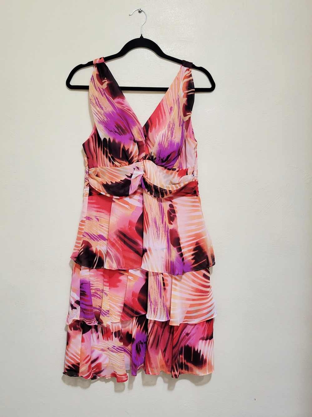 Bisou Bisou Pink & Purple Abstract Tiered V-Neck Dress